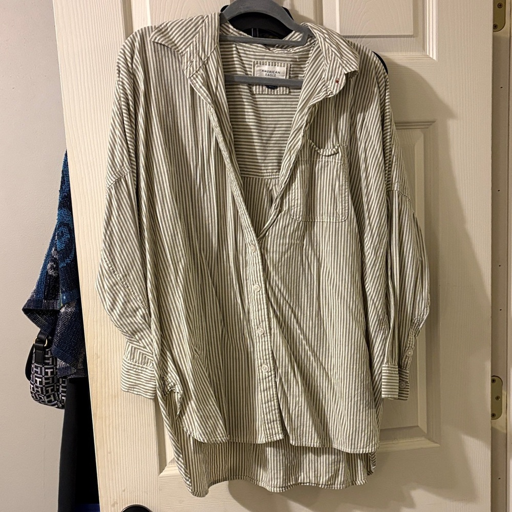American Eagle green and white striped pull over